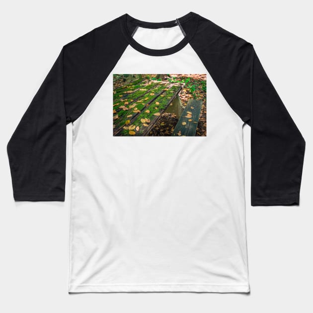 Autumn Picnic Table Baseball T-Shirt by andykazie